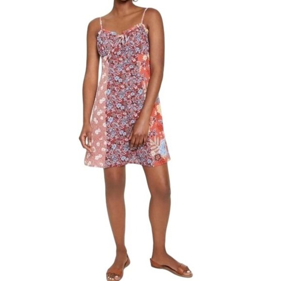 Bar‎ III Sweetheart Neckline Brick Orange/Multi Floral Patchwork Mini Dress, M - Picture 1 of 14